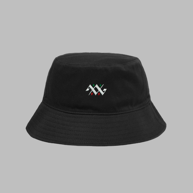 Black bucket hat with a logo on a light gray background