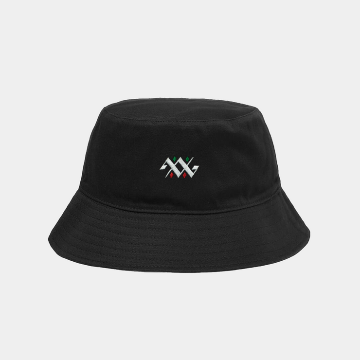 Black bucket hat with a logo on a light gray background