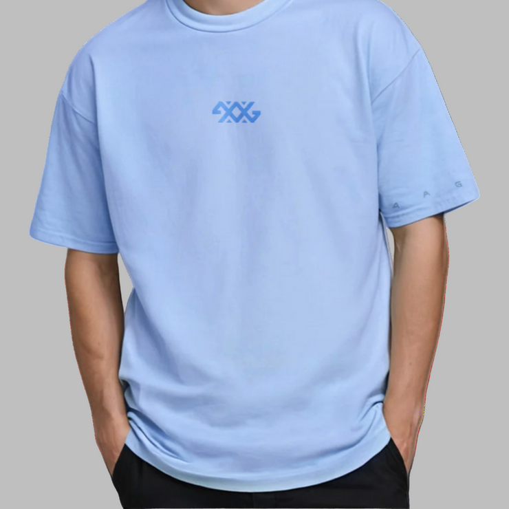 Light blue t-shirt with a logo on a plain background