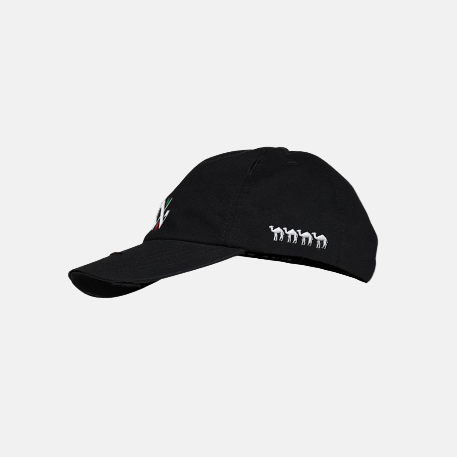 Black cap with white text on a light gray background