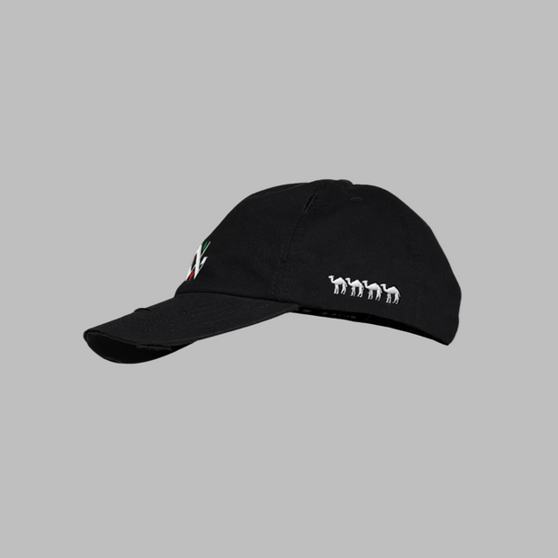 Black cap with white text on a light gray background